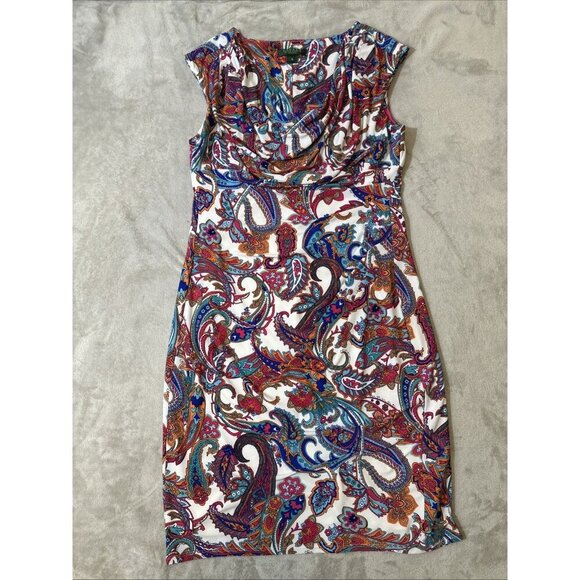 Lauren Ralph Lauren Dress Size 16 Multicolor Paisley Cowl Neck Cap Sleeve Sheath - Picture 1 of 10